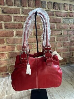 Tignanello Red Pebble Grain Genuine Leather Shoulder Bag